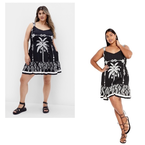 City Chic Peta Tie Waist Border Palm Print Dress black - Picture 1 of 9